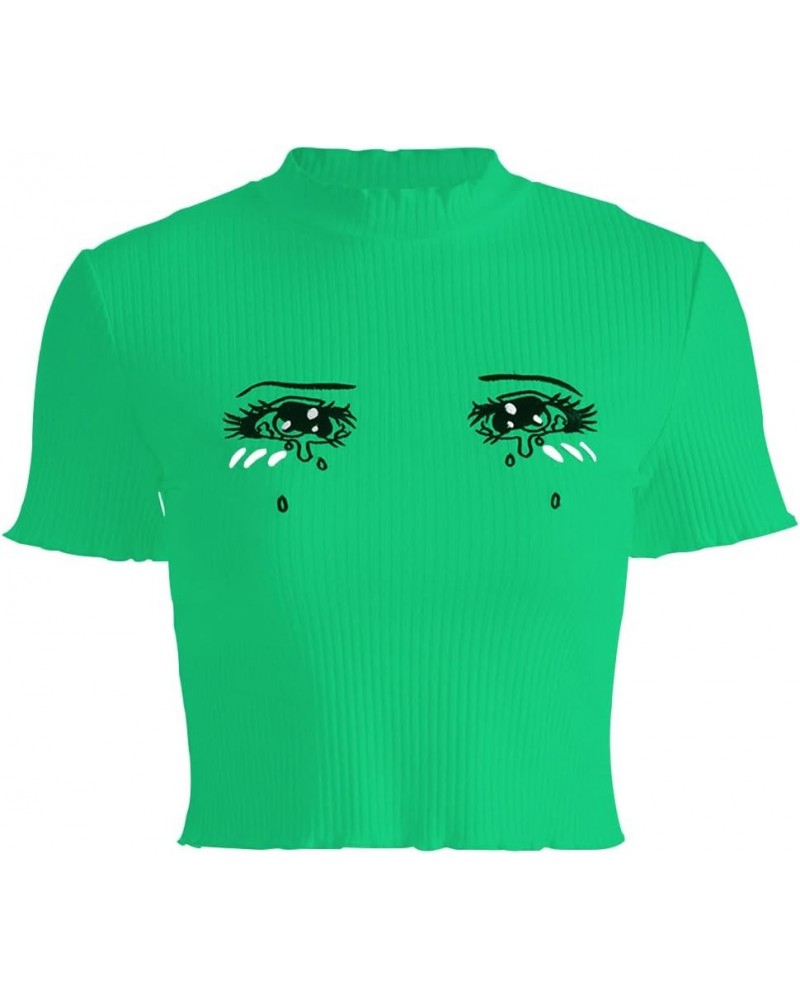 Women Eyes Embroidery T-Shirts Harajuku Kawaii Short Sleeve Crop Tees Green $10.75 T-Shirts