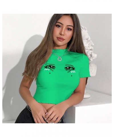 Women Eyes Embroidery T-Shirts Harajuku Kawaii Short Sleeve Crop Tees Green $10.75 T-Shirts