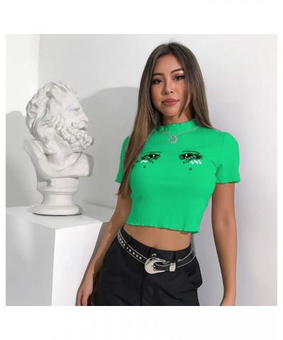 Women Eyes Embroidery T-Shirts Harajuku Kawaii Short Sleeve Crop Tees Green $10.75 T-Shirts