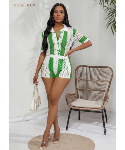 Women 2 Piece Outfits Knitted Shorts Set Beach Vacation Outfits Short Sleeve Shirt and Shorts Summer Sets Light Green $19.80 ...