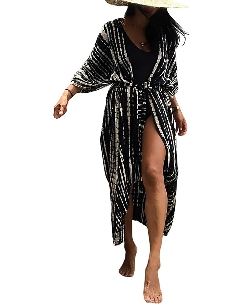 Women's Beach Cover Ups Open Front Tie Dye Maxi Cardigan Kimono Swimsuit with Belts A 1 $20.09 Swimsuits