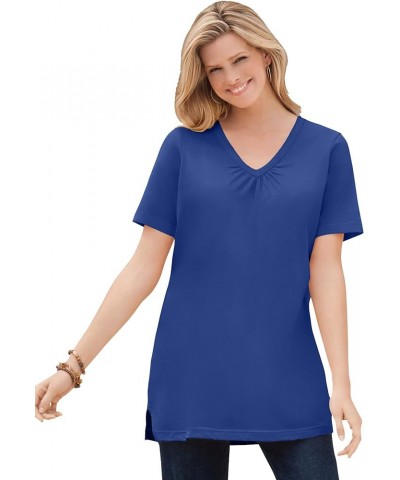 Women's Plus Size Perfect Short-Sleeve Shirred V-Neck Tunic Ultra Blue $12.48 Others