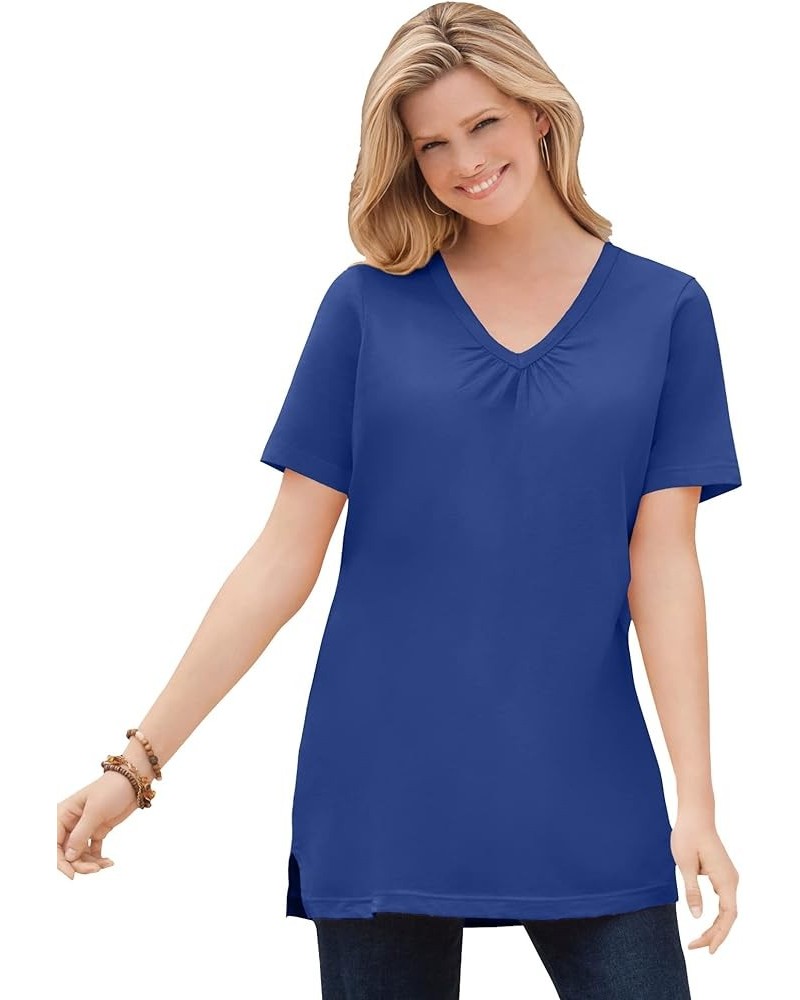 Women's Plus Size Perfect Short-Sleeve Shirred V-Neck Tunic Ultra Blue $12.48 Others