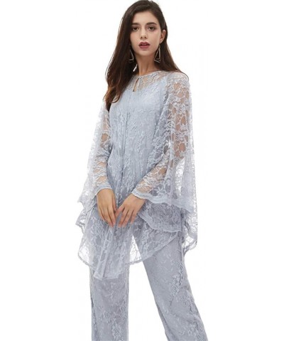 Three 3 Pieces Lace Mother of The Bride Dresses with Jacket Pants Suit Formal Party Wedding Guest Outfits Sky Blue $49.14 Suits