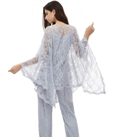 Three 3 Pieces Lace Mother of The Bride Dresses with Jacket Pants Suit Formal Party Wedding Guest Outfits Sky Blue $49.14 Suits