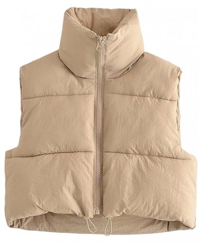 Women's Full Zip Up Warm Crop Vest Sleeveless Puffer Vest Lightweight Padded Gilet Khaki $11.59 Jackets