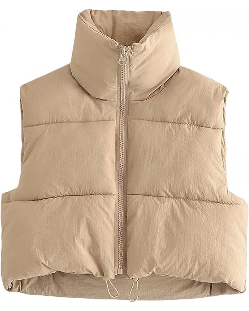 Women's Full Zip Up Warm Crop Vest Sleeveless Puffer Vest Lightweight Padded Gilet Khaki $11.59 Jackets