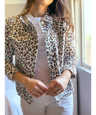 Women's Basic Button Down Stretch Fitted Long Sleeves Denim Jean Jacket White Leopard $22.94 Jackets