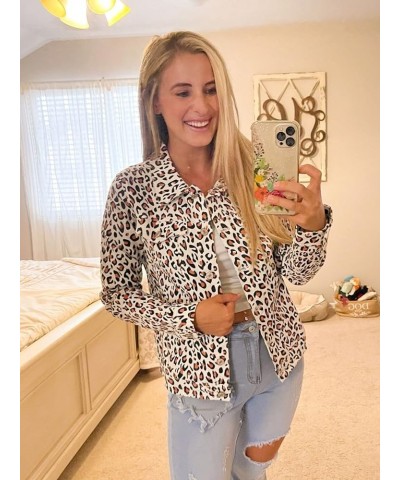 Women's Basic Button Down Stretch Fitted Long Sleeves Denim Jean Jacket White Leopard $22.94 Jackets