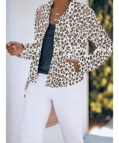 Women's Basic Button Down Stretch Fitted Long Sleeves Denim Jean Jacket White Leopard $22.94 Jackets