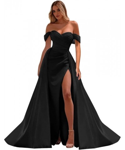 Off Shoulder Prom Dresses Long with Train for Women Formal Dress Wrap Satin Ruched Evening Gowns with Slit HGR11 Black $34.01...