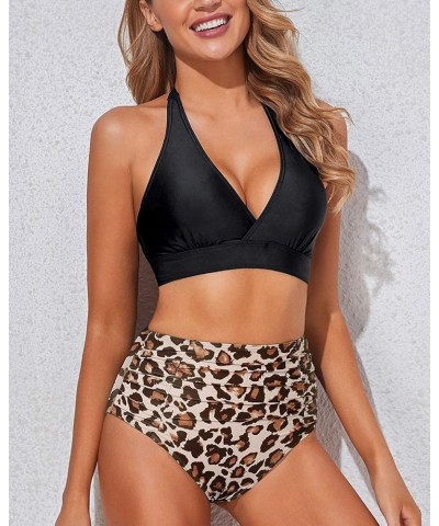 Women Two Piece High Waisted Bikini Set Swimsuits Push Up Halter Tummy Control Bottoms Bathing Suits Leopard $17.59 Swimsuits