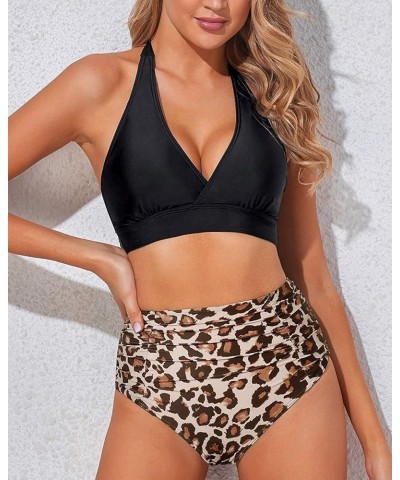 Women Two Piece High Waisted Bikini Set Swimsuits Push Up Halter Tummy Control Bottoms Bathing Suits Leopard $17.59 Swimsuits