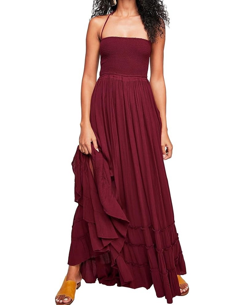 Womens Summer Cotton Sexy Backless Long Dresses Wine Red $17.43 Dresses