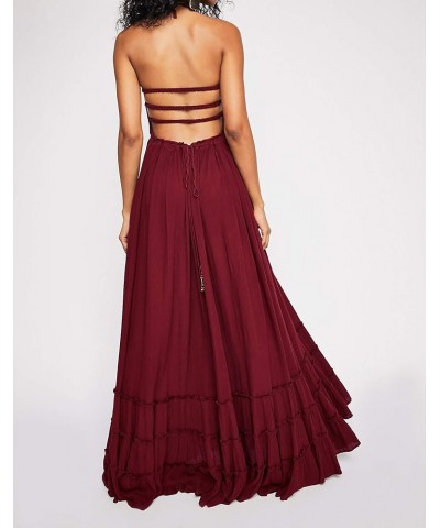 Womens Summer Cotton Sexy Backless Long Dresses Wine Red $17.43 Dresses