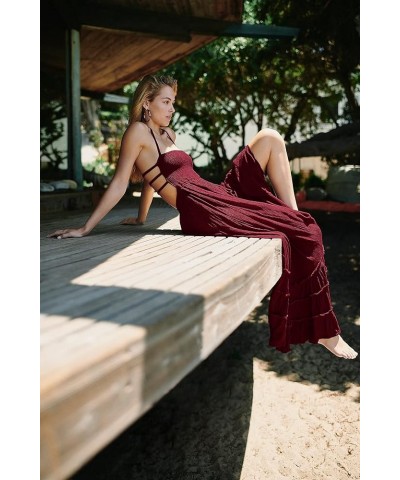 Womens Summer Cotton Sexy Backless Long Dresses Wine Red $17.43 Dresses