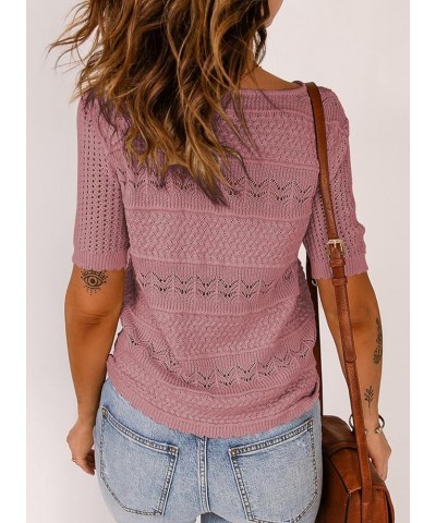 Womens Short Sleeve Sweaters Tops Crew Neck Pullover Shirt Lightweight Knit Sweater Blouse A Pink $18.99 Sweaters