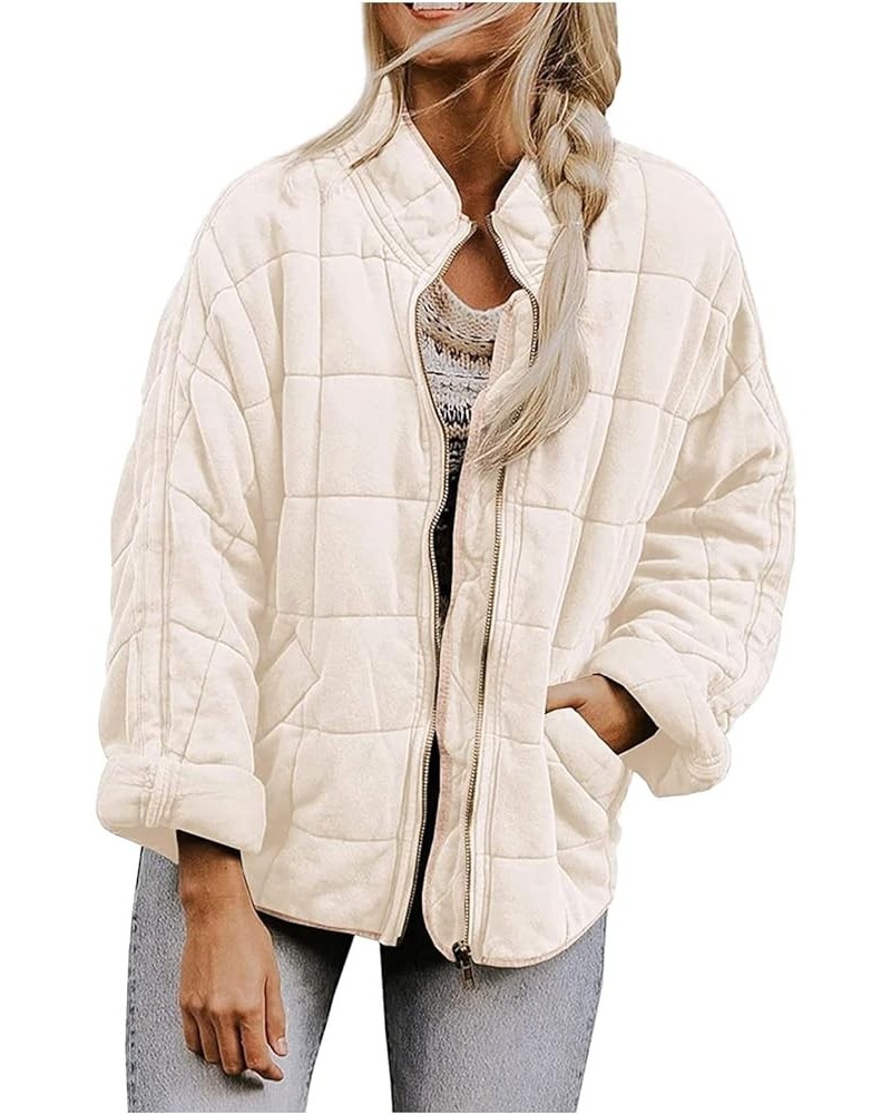 Womens Fall Fashion 2022 Ladies Quilted Coats Womens Jacket Winter Dolman Long Sleeve Full-Zip Warm Diamond Jacket Beige $31....