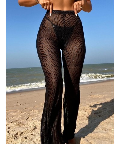 Women's High Waist Sheer Mesh Swimsuit Cover up Pants See Through Wide Leg Bikini Beach Pants Swimwear Solid Black $13.32 Swi...