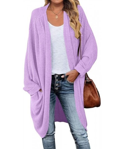 Women's 2024 Fall Waffle Knit Batwing Long Sleeve Cardigan Loose Open Front Sweater Coat Purple $24.63 Sweaters