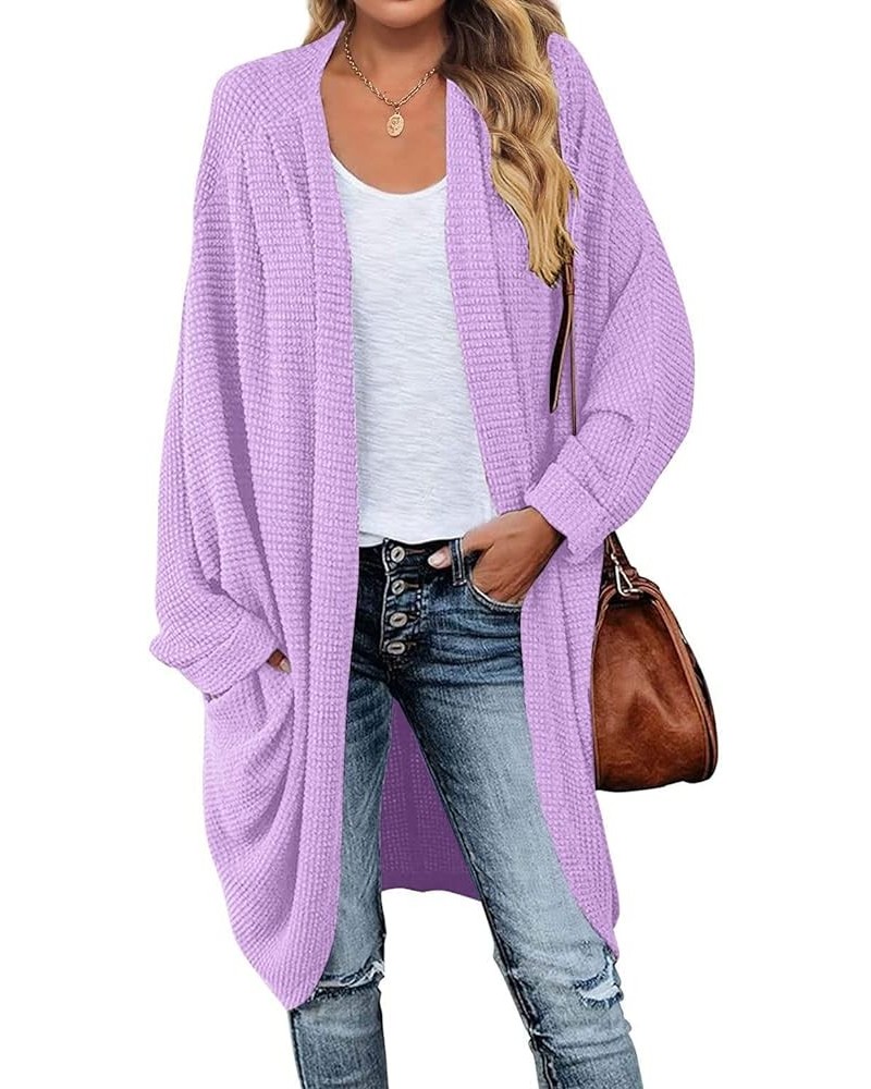 Women's 2024 Fall Waffle Knit Batwing Long Sleeve Cardigan Loose Open Front Sweater Coat Purple $24.63 Sweaters