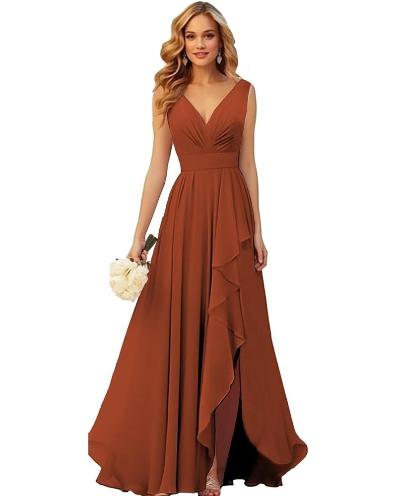 V Neck Chiffon Bridesmaid Dresses for Wedding Long Formal Evening Gown with Ruffle Slit Burnt Orange $28.41 Dresses