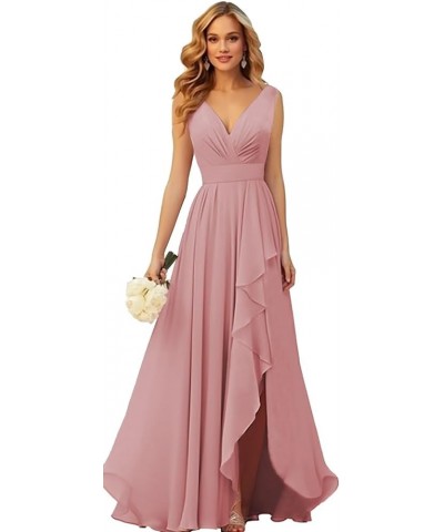 V Neck Chiffon Bridesmaid Dresses for Wedding Long Formal Evening Gown with Ruffle Slit Burnt Orange $28.41 Dresses