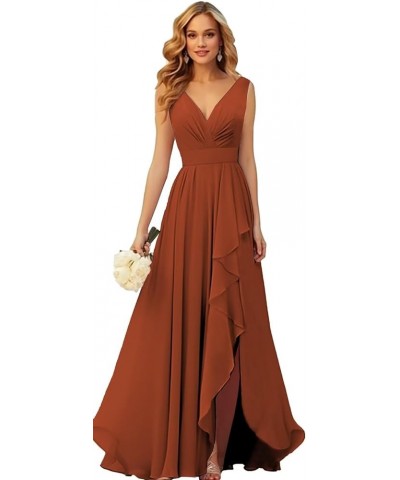 V Neck Chiffon Bridesmaid Dresses for Wedding Long Formal Evening Gown with Ruffle Slit Burnt Orange $28.41 Dresses