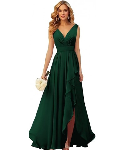 V Neck Chiffon Bridesmaid Dresses for Wedding Long Formal Evening Gown with Ruffle Slit Burnt Orange $28.41 Dresses