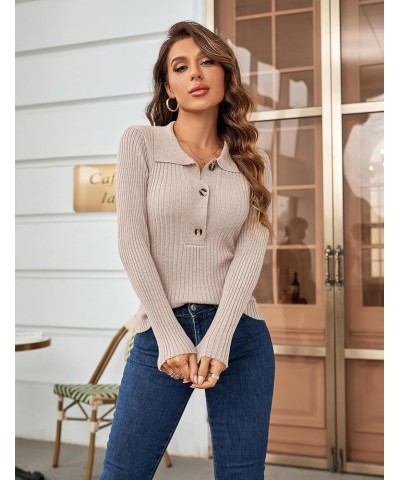 Women's Pullover Sweater Knit Long-Sleeve V-Neck Collared Button-Up Tops Apricot $10.00 Sweaters