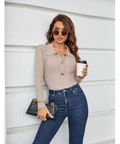 Women's Pullover Sweater Knit Long-Sleeve V-Neck Collared Button-Up Tops Apricot $10.00 Sweaters