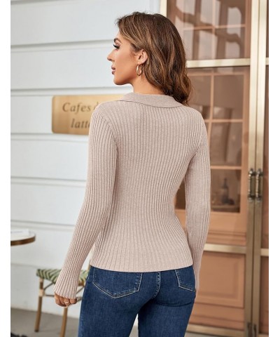 Women's Pullover Sweater Knit Long-Sleeve V-Neck Collared Button-Up Tops Apricot $10.00 Sweaters