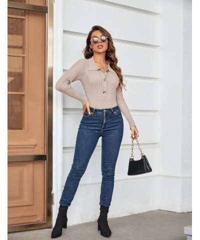 Women's Pullover Sweater Knit Long-Sleeve V-Neck Collared Button-Up Tops Apricot $10.00 Sweaters