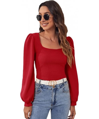 Women's Casual Bishop Long Sleeve Square Neck Crop Tops Tee Shirt Red $17.97 T-Shirts