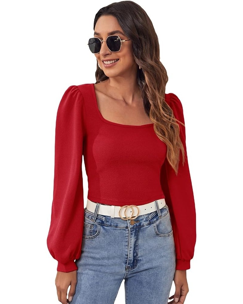 Women's Casual Bishop Long Sleeve Square Neck Crop Tops Tee Shirt Red $17.97 T-Shirts