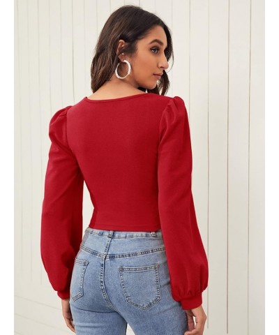 Women's Casual Bishop Long Sleeve Square Neck Crop Tops Tee Shirt Red $17.97 T-Shirts