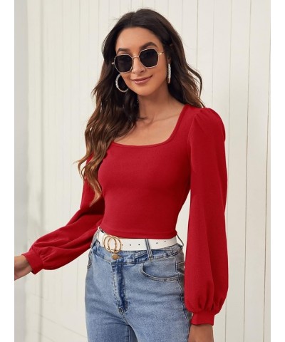 Women's Casual Bishop Long Sleeve Square Neck Crop Tops Tee Shirt Red $17.97 T-Shirts