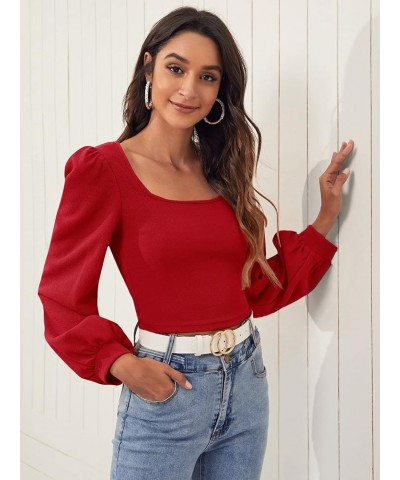 Women's Casual Bishop Long Sleeve Square Neck Crop Tops Tee Shirt Red $17.97 T-Shirts