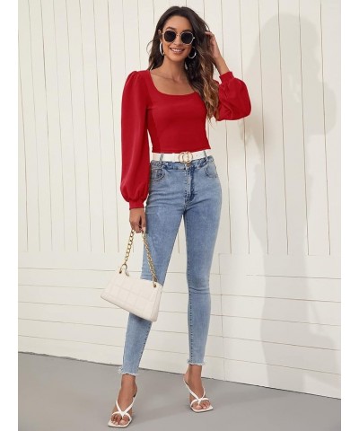 Women's Casual Bishop Long Sleeve Square Neck Crop Tops Tee Shirt Red $17.97 T-Shirts