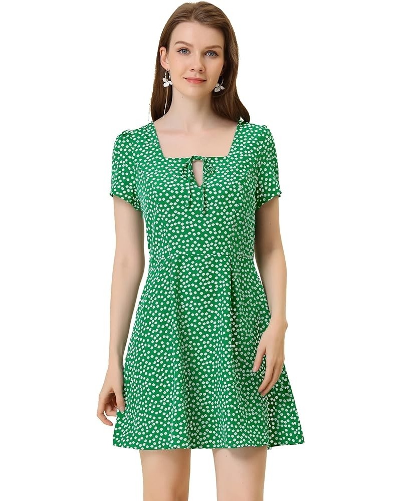 Women's Printed Casual Square Neck Short Sleeve Fit and Flare Dress Green-floral $19.00 Dresses