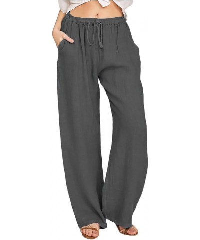 Women's Cotton Linen Palazzo Pants Plus Size Loose Fit Casual Pant Drawstring Waist Wide Leg Trousers with Pockets Dark Gray ...