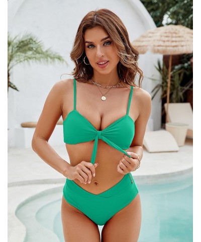 Women's High Waisted Bikini Sets Two Piece Swimsuit Front Tie Knot Bathing Suit Solid Aqua $19.24 Swimsuits