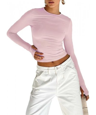 Women Long Sleeve Pullover Crop Tops Oblique Shoulder Ruched T-Shirt Bodycon Going Out Tee Shirts Streetwear Pink Cuff Cutout...