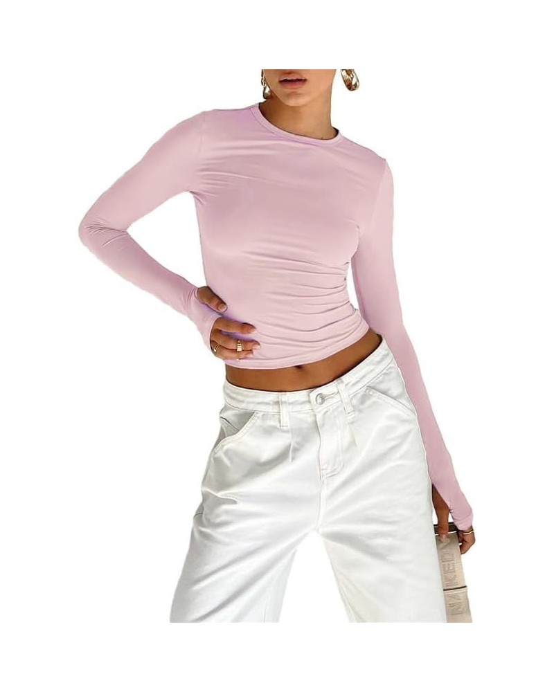 Women Long Sleeve Pullover Crop Tops Oblique Shoulder Ruched T-Shirt Bodycon Going Out Tee Shirts Streetwear Pink Cuff Cutout...