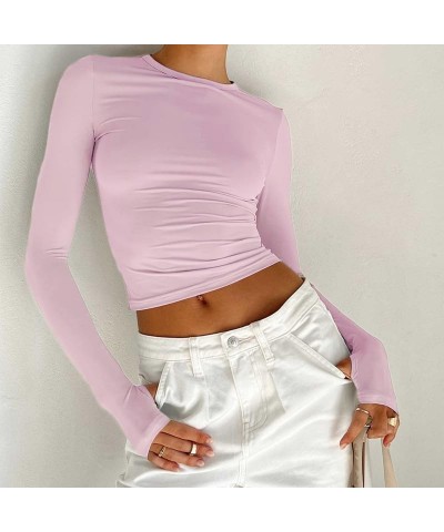 Women Long Sleeve Pullover Crop Tops Oblique Shoulder Ruched T-Shirt Bodycon Going Out Tee Shirts Streetwear Pink Cuff Cutout...