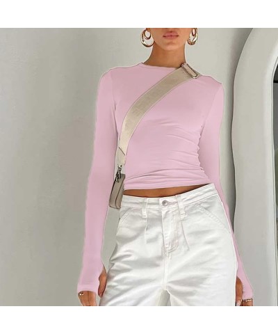 Women Long Sleeve Pullover Crop Tops Oblique Shoulder Ruched T-Shirt Bodycon Going Out Tee Shirts Streetwear Pink Cuff Cutout...