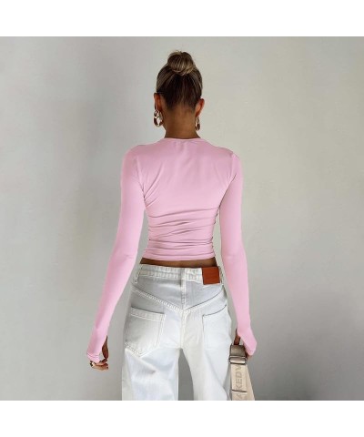 Women Long Sleeve Pullover Crop Tops Oblique Shoulder Ruched T-Shirt Bodycon Going Out Tee Shirts Streetwear Pink Cuff Cutout...