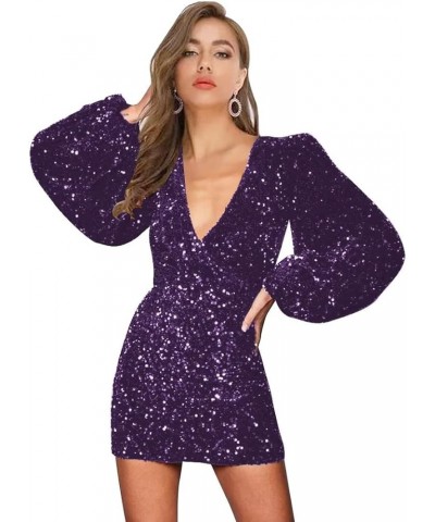 Long Sleeve Sequin Homecoming Dresses Tight Sparkly Mermaid Short Prom Dress V Neck HOCO Mini Dress for Women Grape $29.40 Dr...