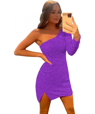 Sparkly Sequin One Shoulder Homecoming Dresses for Teens 2024 Long Sleeve Prom Dress Short Purple $28.59 Dresses