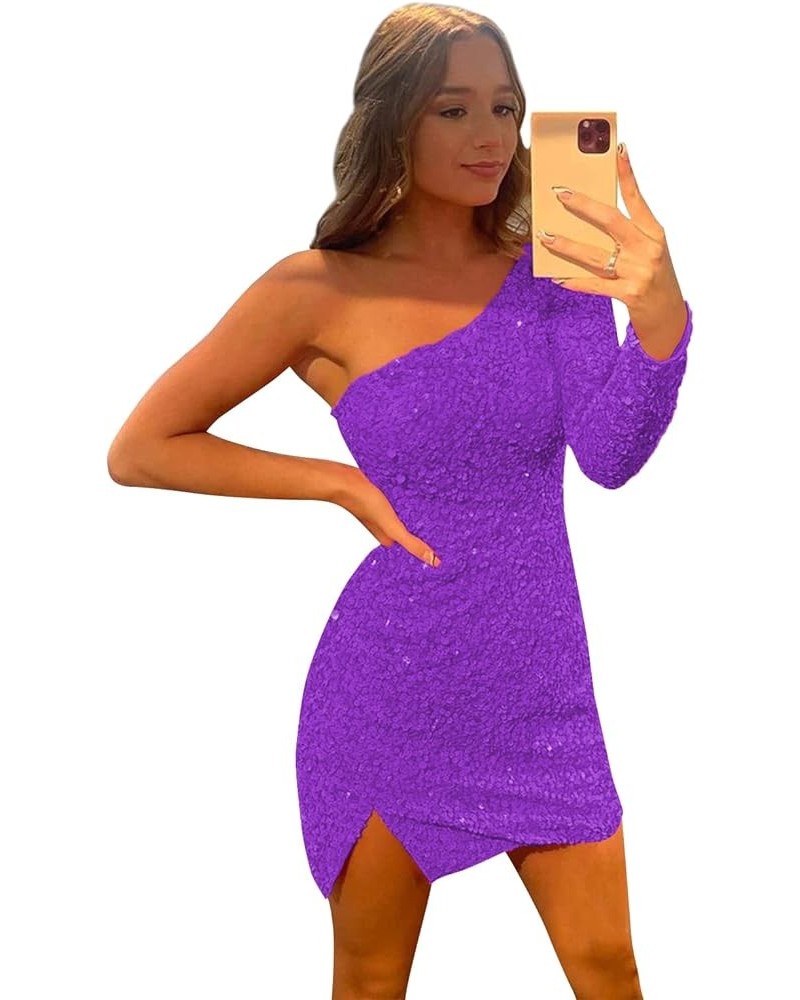 Sparkly Sequin One Shoulder Homecoming Dresses for Teens 2024 Long Sleeve Prom Dress Short Purple $28.59 Dresses